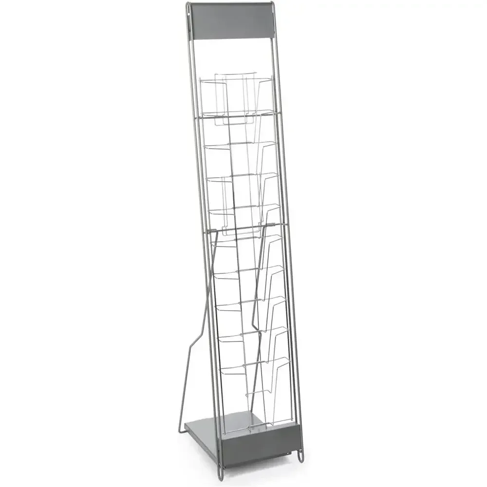 Floor-Standing 54 Literature Stand for 10 Pockets or 8.5x11 Magazines, with Carrying Bag, Silver Steel Rack