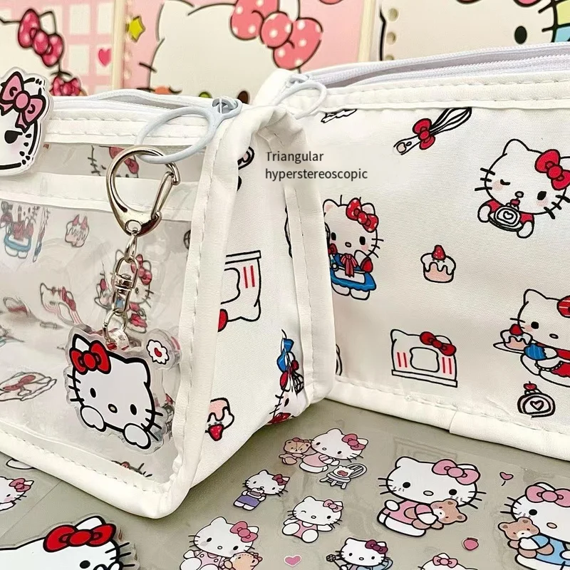 Sanrio Hello Kitty Niedliches Cartoon-transparentes Federmäppchen mit großer Kapazität, transparentes Gitter, mädchenhaftes Herz, Aufbewahrungstasche für Schreibwaren