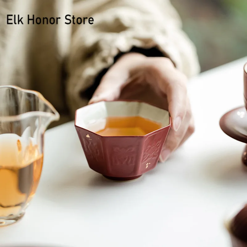 

100ml Handmade Alum Red Ceramic Teacup Boutique Sprinkled Gold Octagonal Master Cup Chinese Tea Bowl Household Kung Fu Teaset