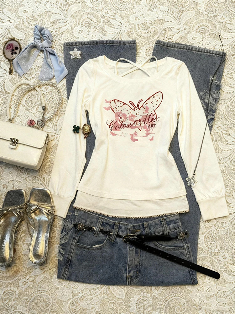 

Original BaoYao Girl White Slimming Faion Print round Ne Long Sve T-irt Women's Vintage Sle Cotton Blend Casual Wear