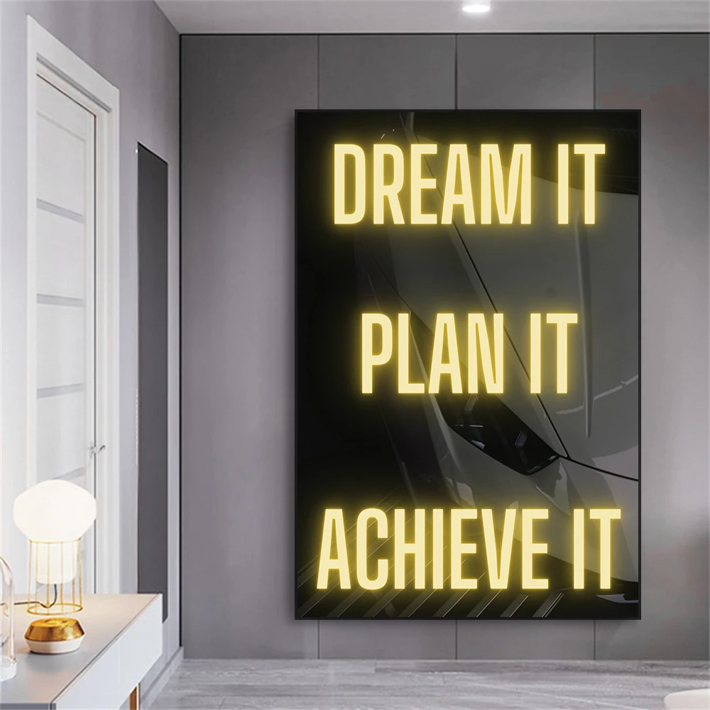 Motivational Neon Quote Art Prints Dream it Plan it Achieve it Poster Car Wall Art Canvas Painting Office Room Home Room Decor