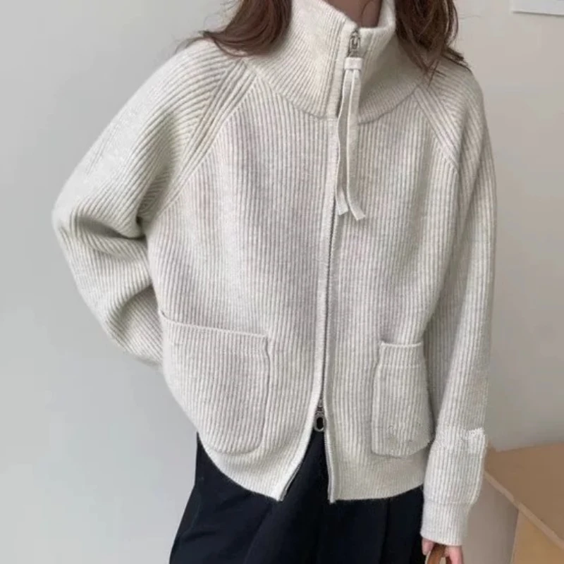

Pocket Stand Up Collar Knitted Cardigan 2025 Autumn New Loose Double Zipper Sweater Fashion Solid Color High Neck Cardigan Women