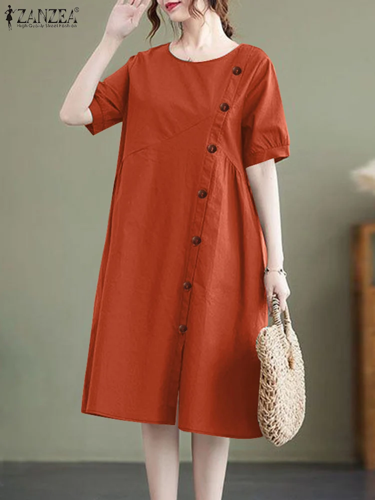 ZANZEA O Neck Casual Robes Summer 2024 Elegant Buttons Slit Half Sleeve A-line Vestidos Women Leisure Solid Holiday Midi Dresses