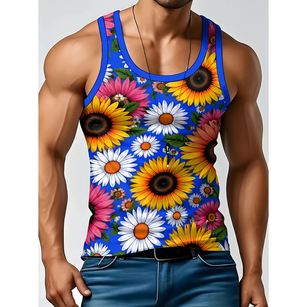 Summer Elegant 3D Print Floral Pattern Tank Top For Men Street Harajuku Flowers Design Sleeveless Tee Fashion Unique Men's Vest