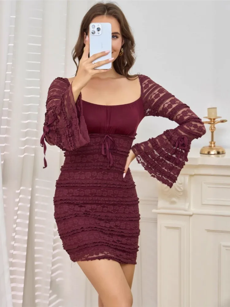 

Square Neck Trumpet Sleeve Lace Dress 2026 Spring And Autumn Pure Sexy Style Gentle Female Fashion Design Hip Hugging Dress