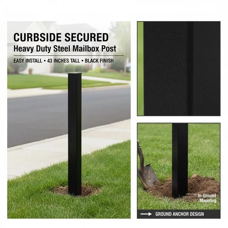 Steel Letterbox Support Column 43 x 4 x 4 Inches For Residential Driveway Curbside Yard, Powder Coated Surface Heavy Duty Metal Post Sleeve Kit Easy Installation Black