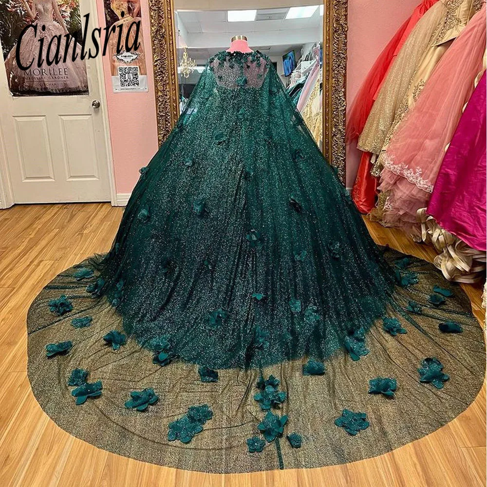 Robe de Quinceanera en cristal perlé vert émeraude avec cape, robe de Rh, corset de fleurs en fibre 3D, 15 ans