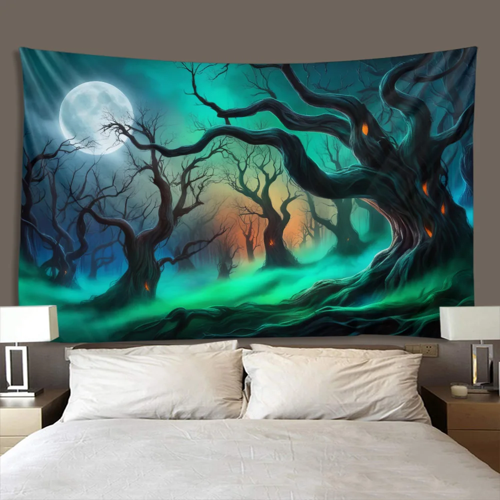 Ghostly and Mysterious Forest Tapestry - Psychic Capture of Fear, Halloween Background Cloth, Full Moon Jungle Wall Decoration