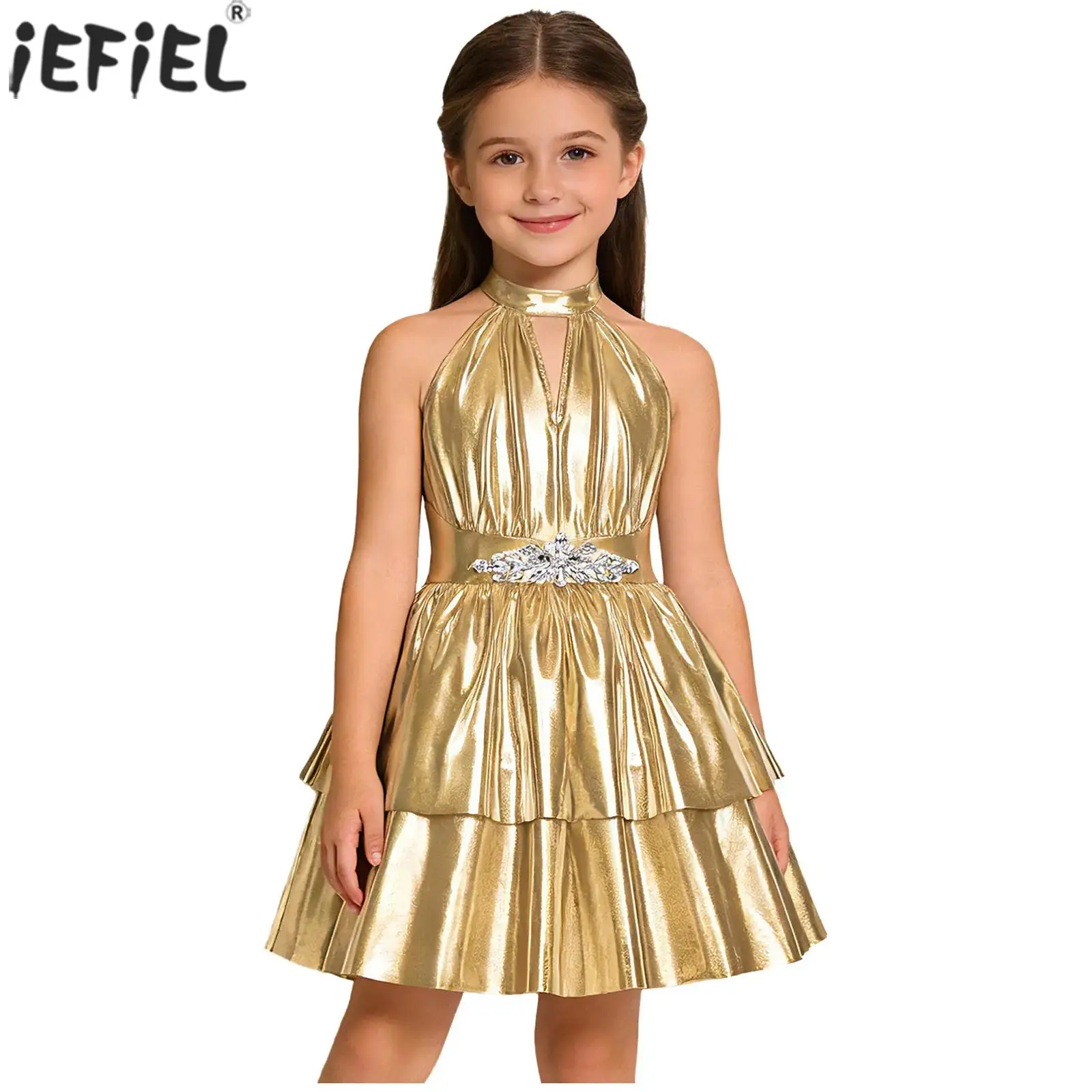 Metallisch glänzendes Partykleid für Kinder, Mädchen, Neckholder, rückenfrei, ärmellos, Strass, abgestufter Saum, A-Linien-Kleid, Geburtstagsfestzug, Ballkleid