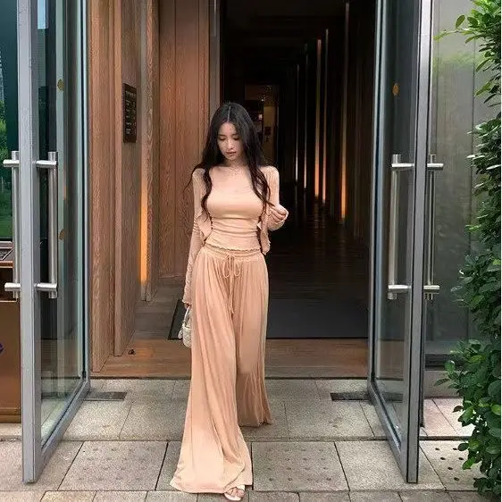 

Pink Casual Versatile Knitted Set Women Summer Long Sleeve High Waist Wide Leg Pants Three Piece Suit Fashionable Autumn Spring