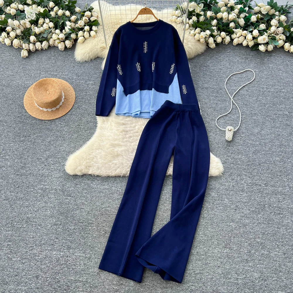 

Women Pant Set Two Piece Sets Round Neck Full Sleeve Sweaters Wide Leg Long Pants Elastic Waist Y2k Streetwear Autumn Winter