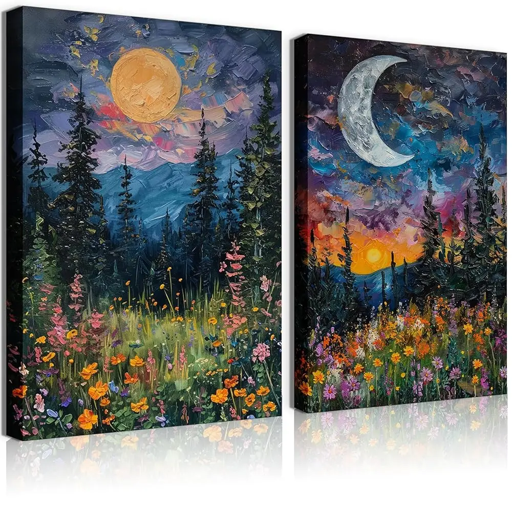 

Набор из 2 винтажных настенных панно с изображением луны, мистичный небесный декор, картины на холсте с темным лесом и полевыми цветами для гостиной и спальни