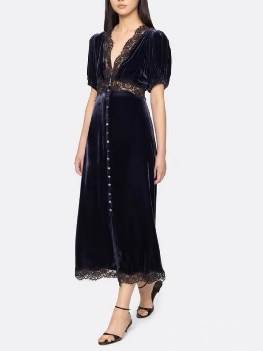 

Slimming Lace Velvet Patchwork Dr Bubble Sve V-Ne Midi A-Line Skirt Women's Faion French Sle Casual Spring Dr