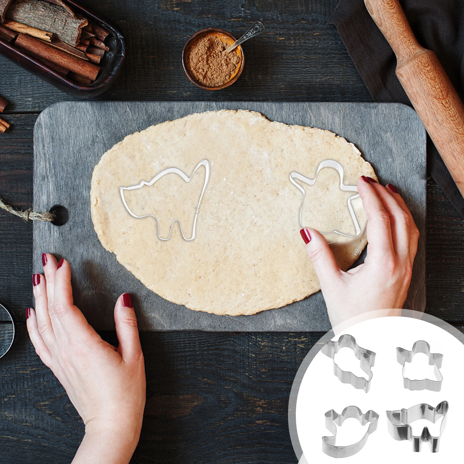 

4 Pcs Baking Biscuit Mold Biscuits DIY Cookie Cutter Stainless Steel Halloween Silver Imported 430 Fruit