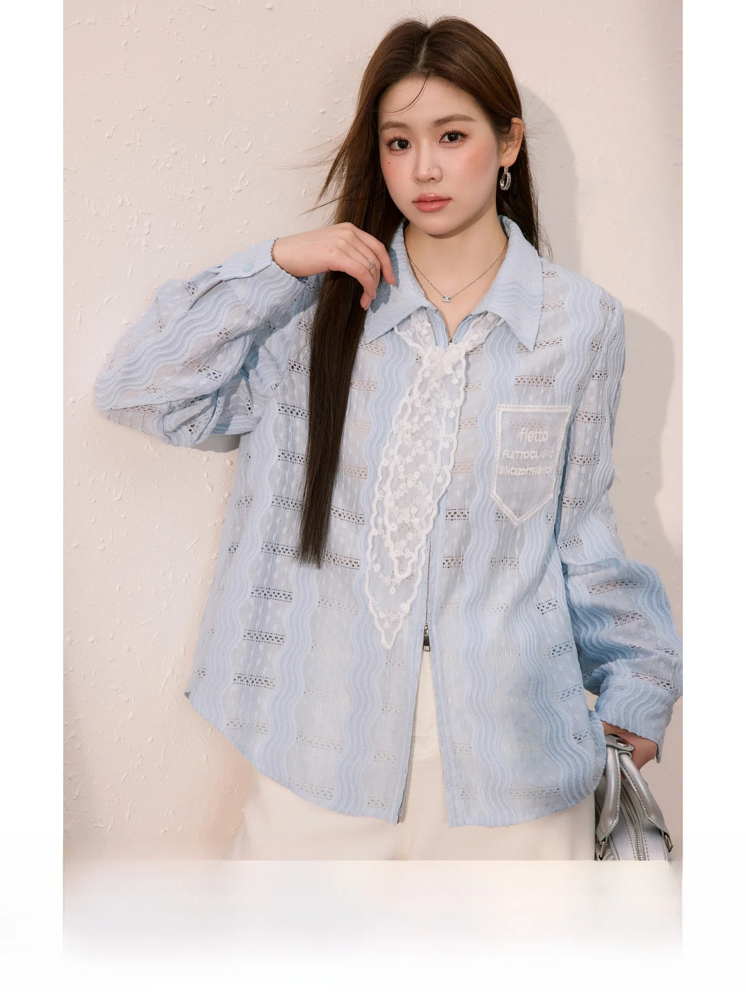 

Ele Blue Language Large Size Women's irt Lace Collar Loose Breathable Slimming Long Sve Spring Summer Top