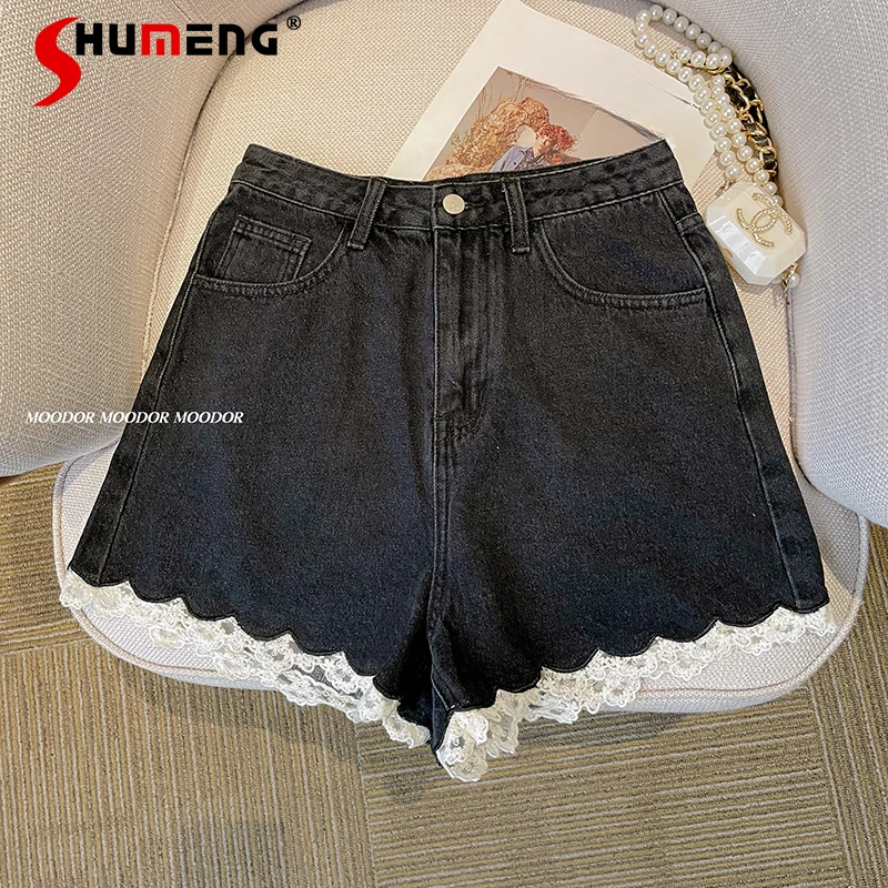 Spring 2024 New Black Color Lace Stitching Denim Shorts Women's Clothing High Waisted Loose Jeans Short Pants Y2k Kawaii Shorts