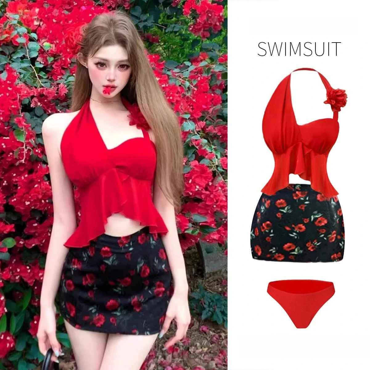 

2025 New Split Swimsuit Women's Bikini Three-piece Vacation Beautiful Red White Hot Spring Print Skirt Swimsuit Bikini Set