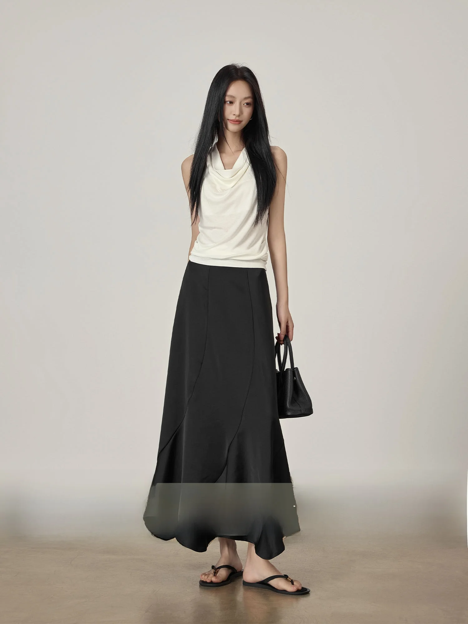 

Elegant Black Asymmetrical Long Skirt Women's Slimming Fish Tail Skirt Casual Style Skin Friendly Breathable Polyester Fiber