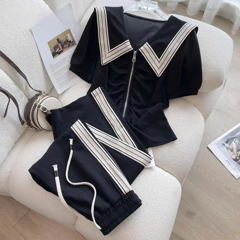 2025 New Leisure Fashion Sports Set Womens Summer Fashion Age Reducing Navy Neck Short Sleeve Wide Leg Pants Two Piece Set Women