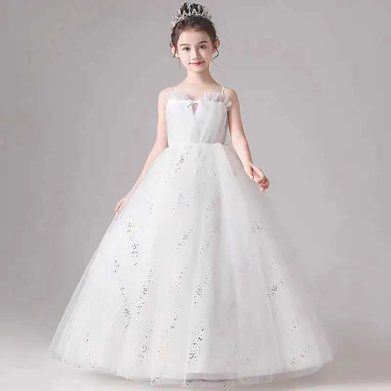 Little Girls Tutu Princess Dress Teen Girls Long Spaghetti Strap Glitter Prom Dresses Children Formal Solid Party Gown 3-14Years