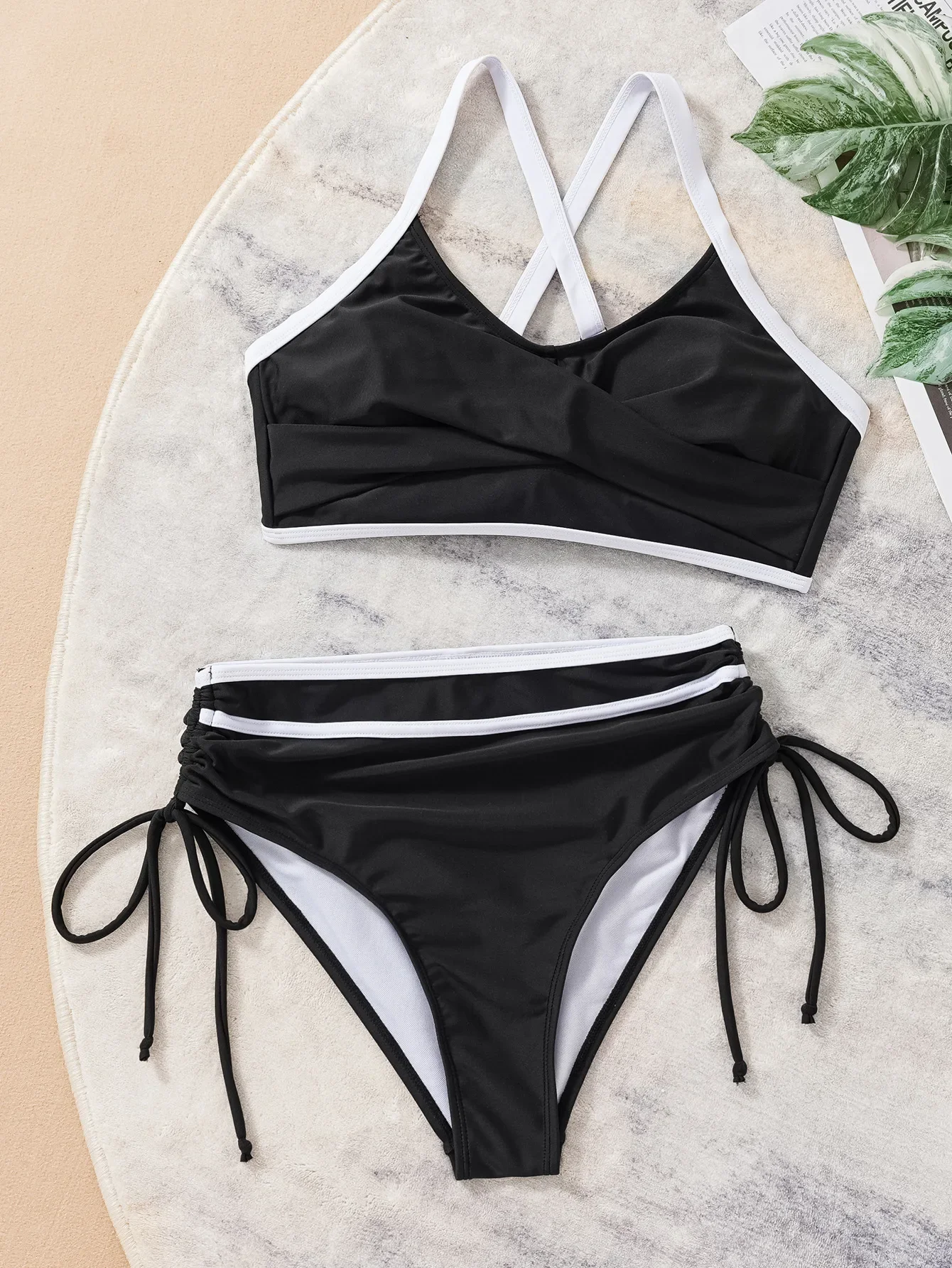 Vintage Drawstring Side High Waist Bikini Swimwear Women Black Patchwork Cross Push Up Bandage Cross Bathing Suit Swimsuit 2025