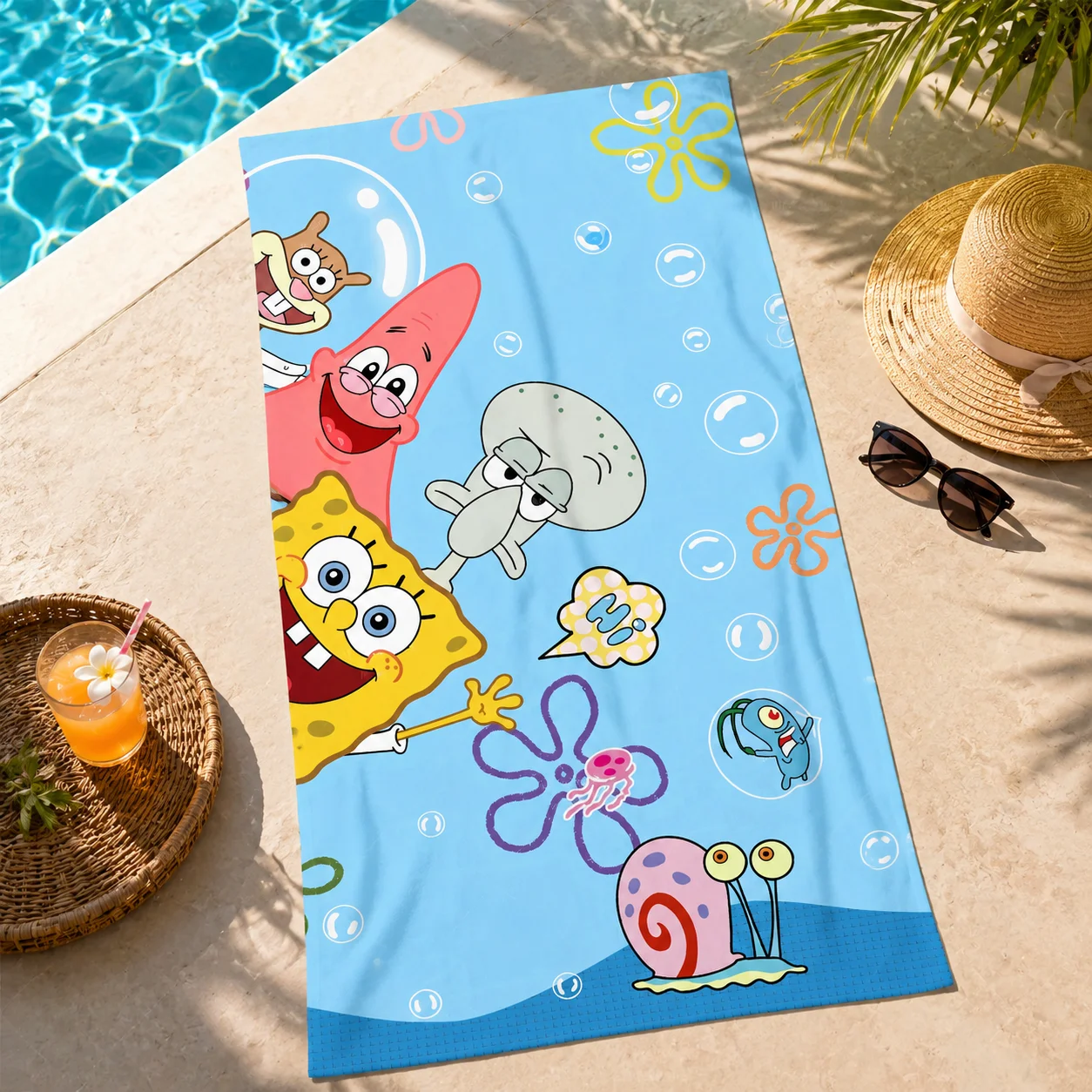 Funny S-SpongeBob Friends Large Beach Towel, Ocean Bubble Jellyfish Print Absorbent Lightweight Towel for Pool Camping Vacation