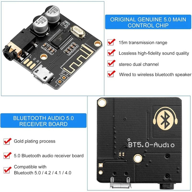 5Pcs Bluetooth Audio Receiver Board BT 5.0 Stereo Audio Amplifier 3.7-5V DIY Car Speaker Amplifier