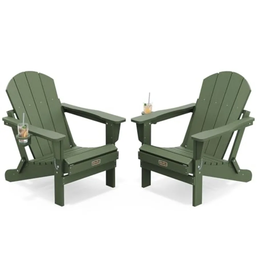 

Foldable Adirondack Chair with Cup Holder Set of 2 for Patio Garden Outdoors Fire Pit Chairs Avocado Green, Polywood, Lightweig