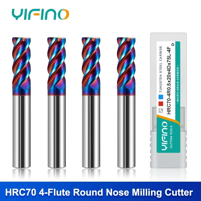 YIFINO HRC70 Blue Nano Coating 4-Flute Endmill CNC Maching Tungsten Steel Carbide Roughing Round Nose Milling Cutter Tools