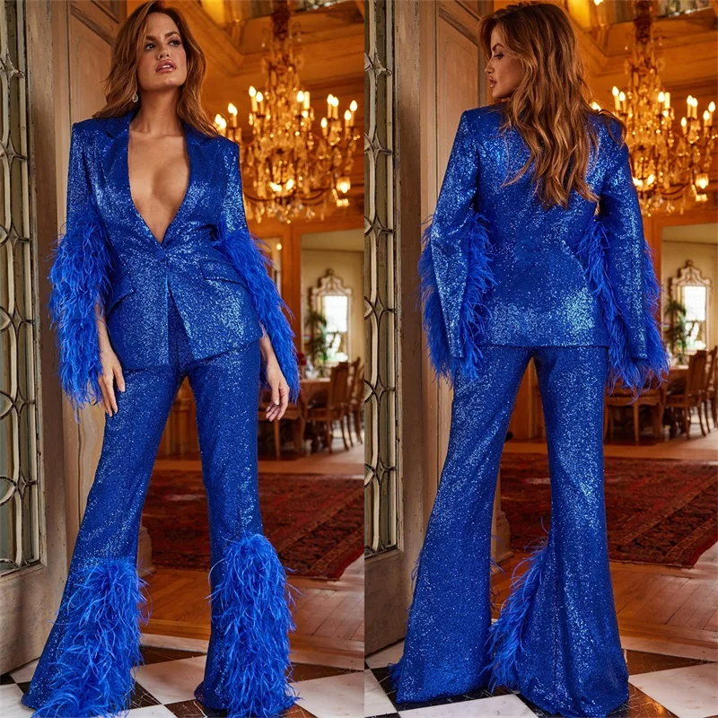 Luxury Blue Sequins Women Suits Pants Set 2 Pcs Ostrich Oeather Blazer Jacket Split Sleeves Prom Dress Special Occasions Wear