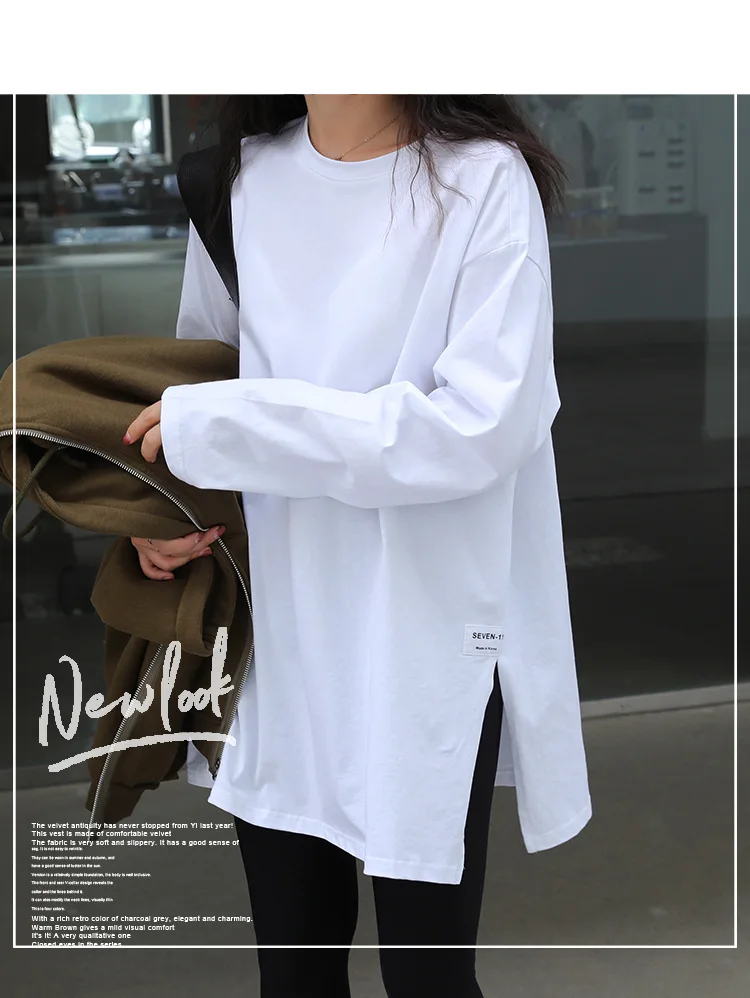 Damen-T-Shirt im koreanischen Stil, mit Rundhalsausschnitt, langen Ärmeln, lockerer Passform, mittellanger Länge, seitlichem Schlitz, Basic-Design, Oversize-Schnitt, lässiges, schlichtes Oberteil, ideal als Unterhemd. – Detail 5
