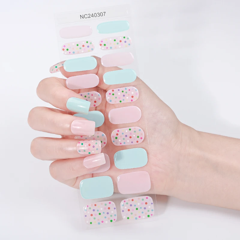 Vernis à ongles Gel Semi-durci scintillant, couverture complète, étoile brillante, à pois, autocollant, décor de manucure longue durée, 20 pointes