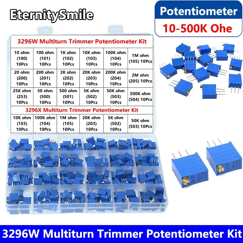 240Pcs/ Box 24 Values Multiturn Trimmer Potentiometer Kit 3296W 3296X 10Ohm 100Ohm 1K 2K 5K 10K 20K 25K 50K100K 200K 500K 1M 2M