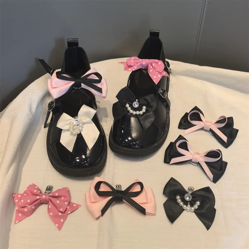 

New Black White Pearl Chain Shoelaces Charm Sneakers Shoes Decorations DIY Pink Bow Shoe Charms Buckle Shoe Accessories 2 Pcs