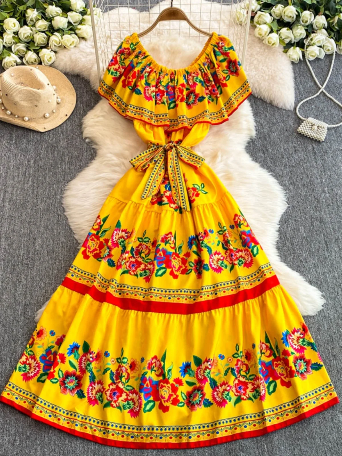 Vestido Largo de Verano con Estampado Floral, Un Hombro Descubierto, Cinturón, Estilo Coreano, Cintura Alta, Estilo de Cuento...