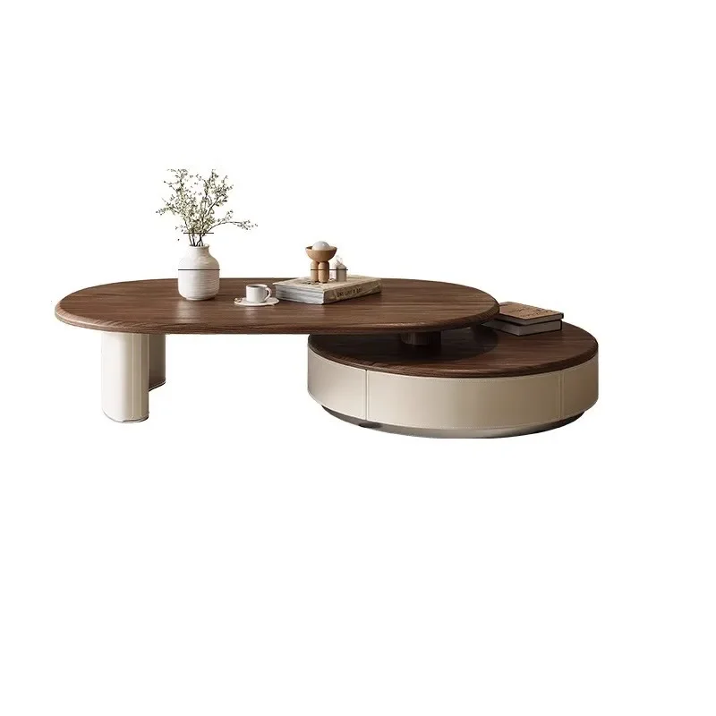 Medieval retractable round walnut coffee table modern simple retro home small apartment living room new coffee table