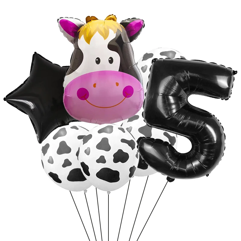 7Pcs Dairy Cow Digital Balloons Set Cartoon Animals Air Globo Children Birthday Party Baby Shower Home Decorations Kid Toy Gifts