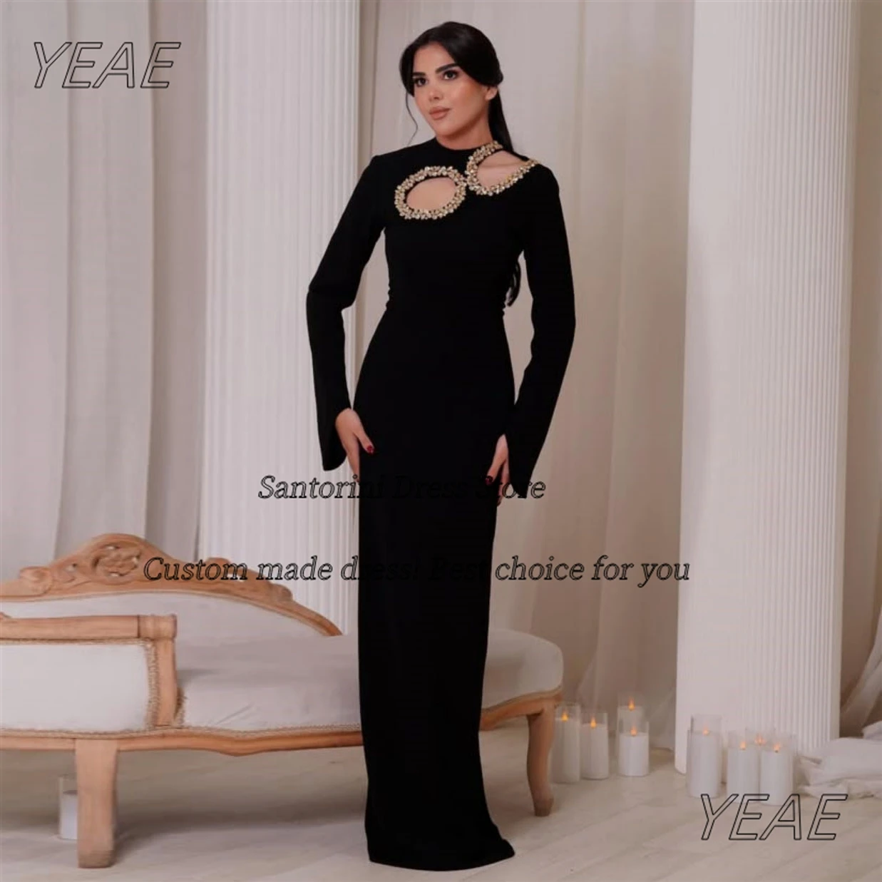 

Санторини, черные платья для выпускного вечера с длинными рукавами и кристаллами, вырез в виде замочной скважины, женское вечернее платье на молнии сзади, вечернее платье по индивидуальному заказу