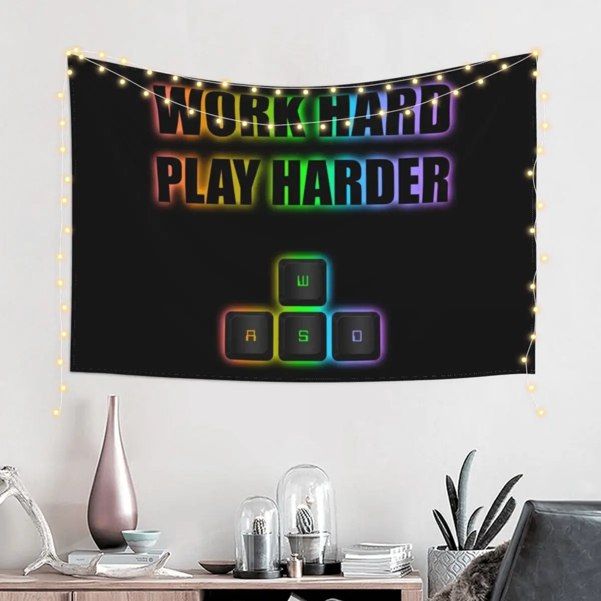 Work hard PLAY harder WASD RGB Tapestry Outdoor Decoration Hanging Wall Home Decor Accessories Outdoor Decor Tapestry