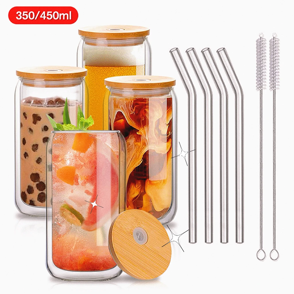 

350/450ml Transparent Bubble Tea Cup Double Wall Glass Cup With Lid and Straw Cold Drink Coffee Mug Juice Milk Mocha Drink Mug