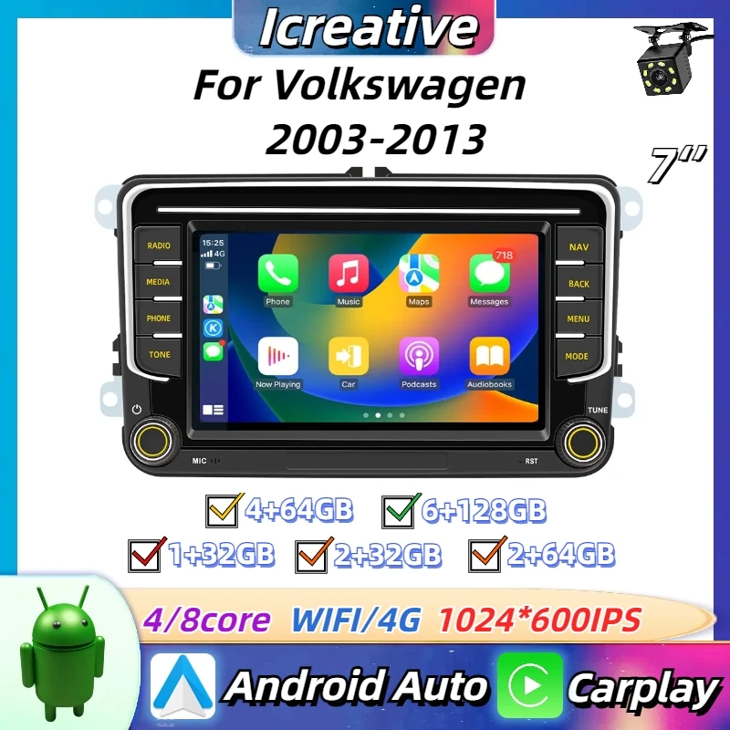 2Din Car Radio Android，Volkswagen Passat B6 B7 Jetta Caddy Polo Golf 5 6 Touran Multimedia Wireless Carplay Navigation GPS