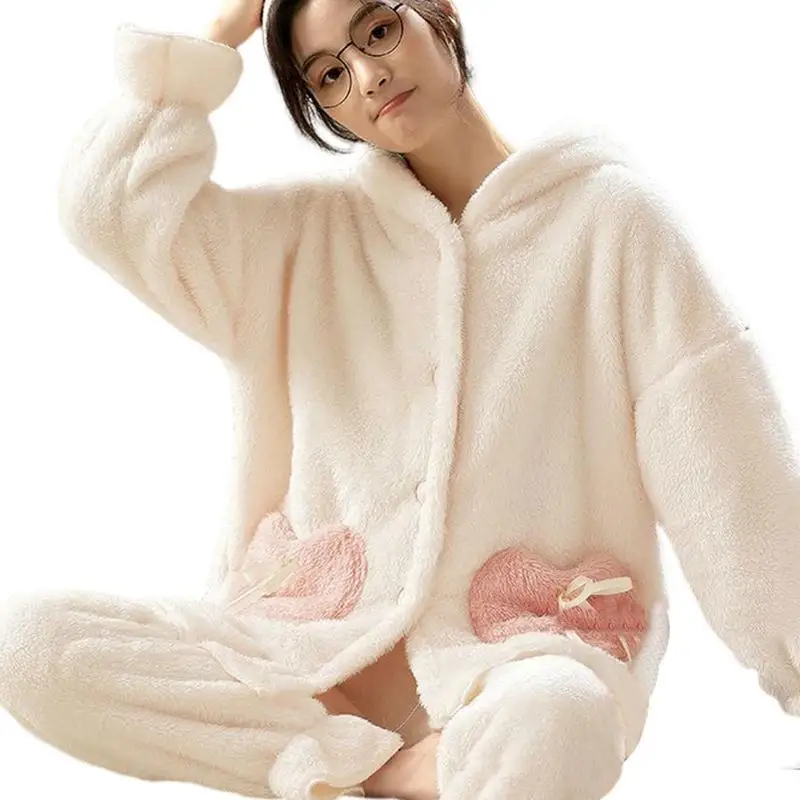 

Winter Pajamas For Women Warm Thickened Flannel Pant Sleep Set Cute Bunny Ear Hooded Loose Nightgown Homewear Clothes