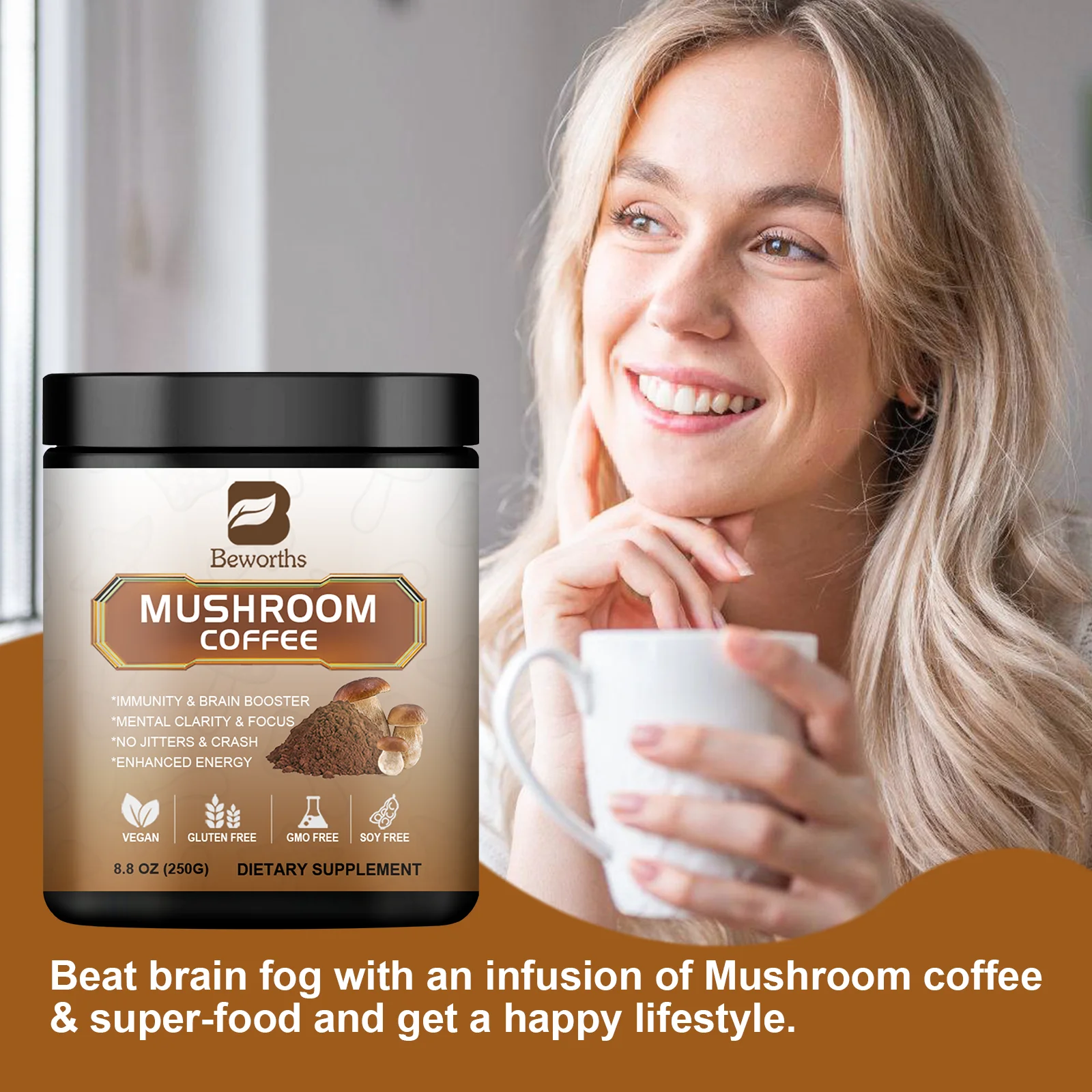 BEWORTHS Mushroom Coffee Supplement Ganoderma Lucidum Cordyceps Sinensis Energy Support Mental Clarity Brain Booster Antioxidant