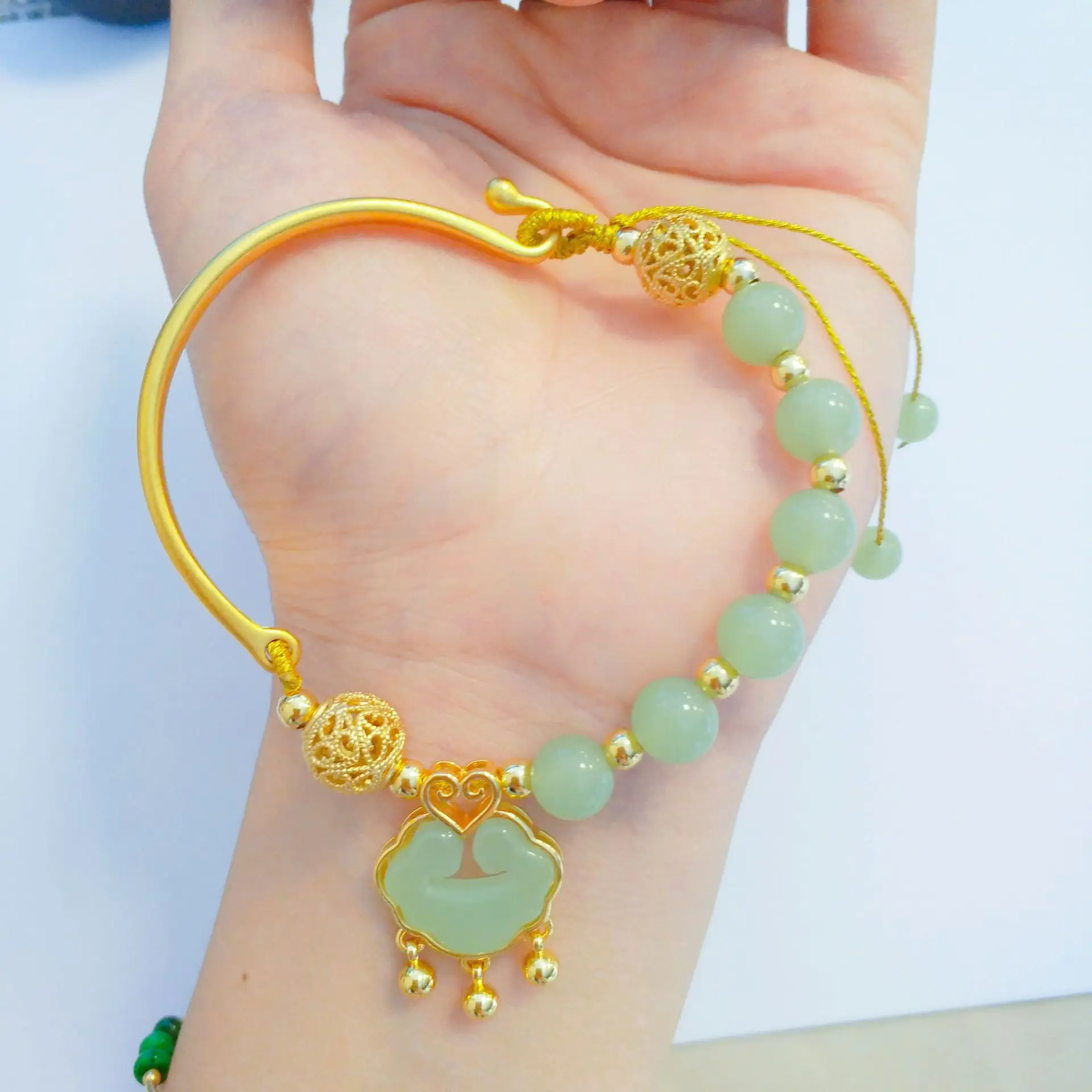 9999 Safety Lock Embroidery Half Moon Bracelet 24K Real Gold Natural Hotan Jade Ruyi Longevity Lock Bracelet