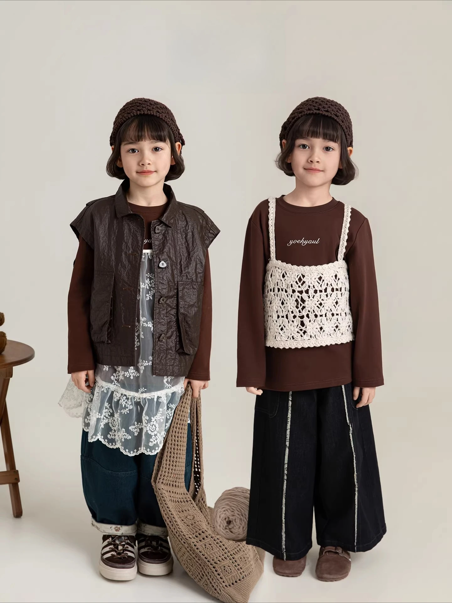 Girls 2026 Spring Long Sleeve Round Neck Antibacterial Tee Minimalist Lace Trim Sleeveless Top Sweet Two Piece Set Ages 4-8Y