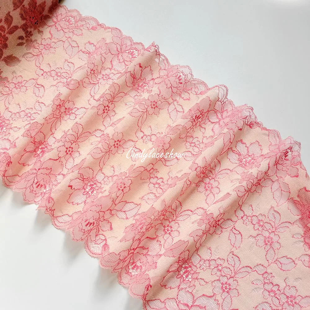 2Yards 23CM Width Pink Floral Embroidered Stretch Elastic Lace Trim For Bra Sewing Clothes Lingerie Dress Swimwear Trimmings DIY