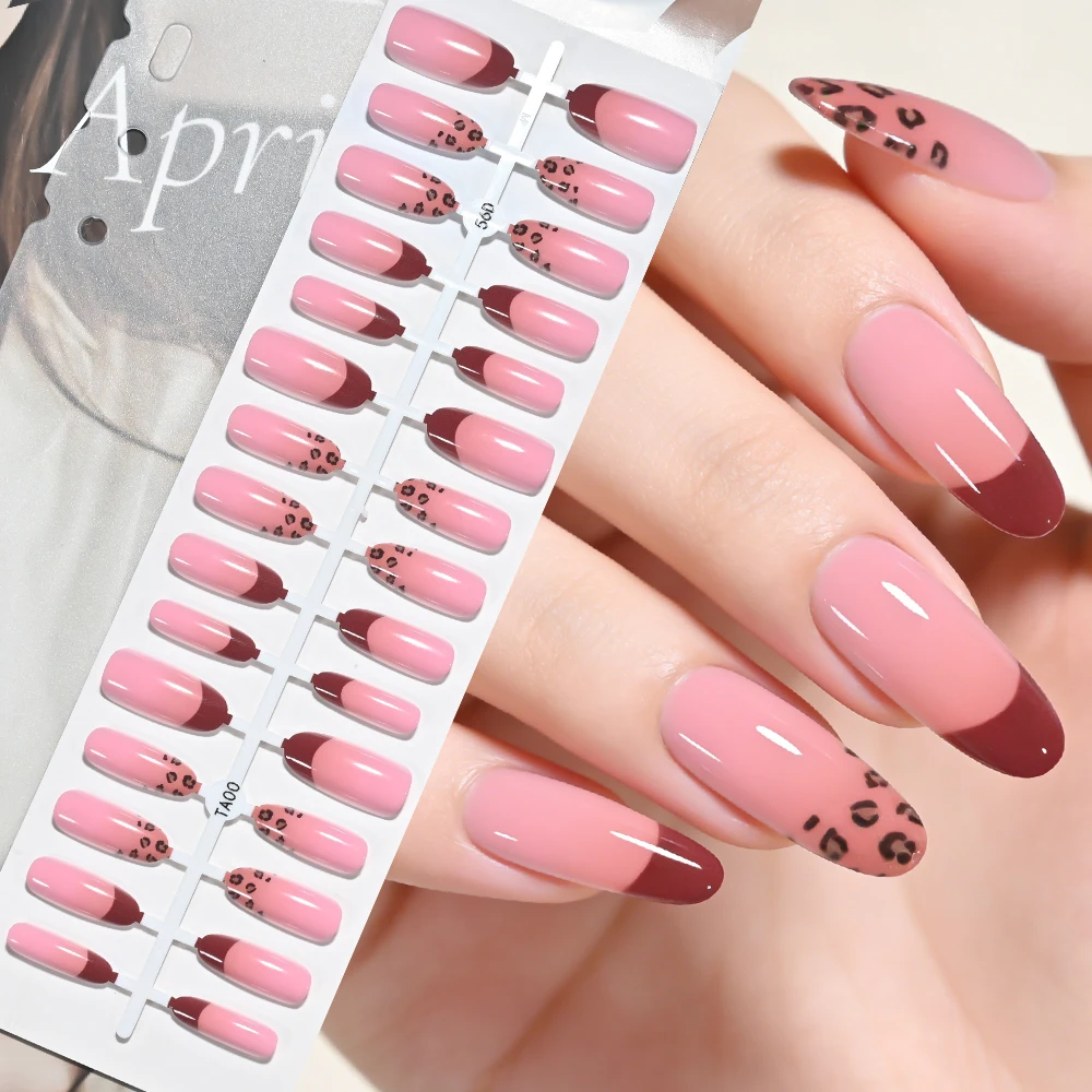 150Pcs Pink Blue Ombre Leopard Polka Dot Fake Nails French Tips Almond Press On Nail Cute Grid Bow Flower Design Flase Fingertip view 6