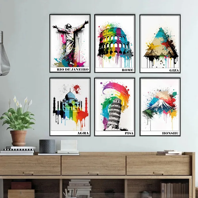 Banksy Inspired Travel City Rome Pisa Agra Honshu Posters Printing Decor Canvas Painting Living Room Bedroom Wall Art Home Decor