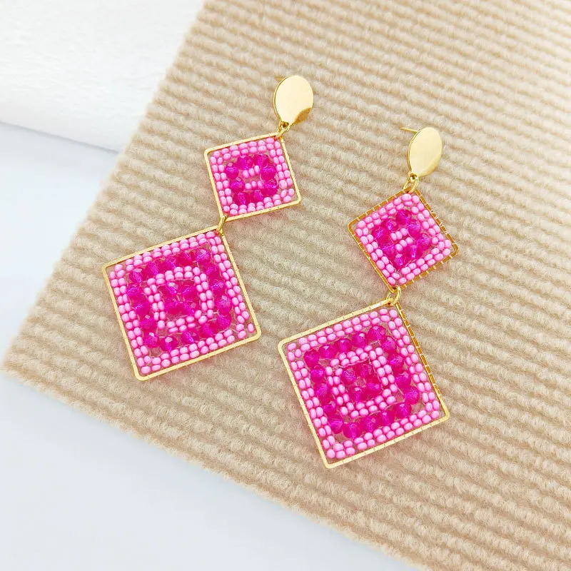 Beaded earrings Geometry Multilayer Rose red Originality Crystal Hand knitting Bohemia Alloy Tide Simple Rice bead earrings