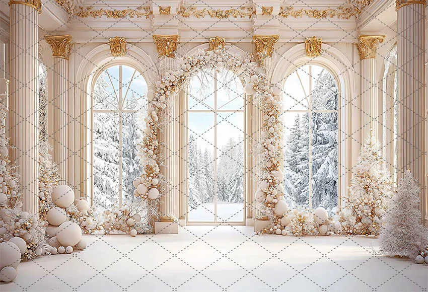 Mehofond Elegant White Christmas Photography Background Family Holiday Party Winter Palace Room Arch Windows Backdrop Photocall